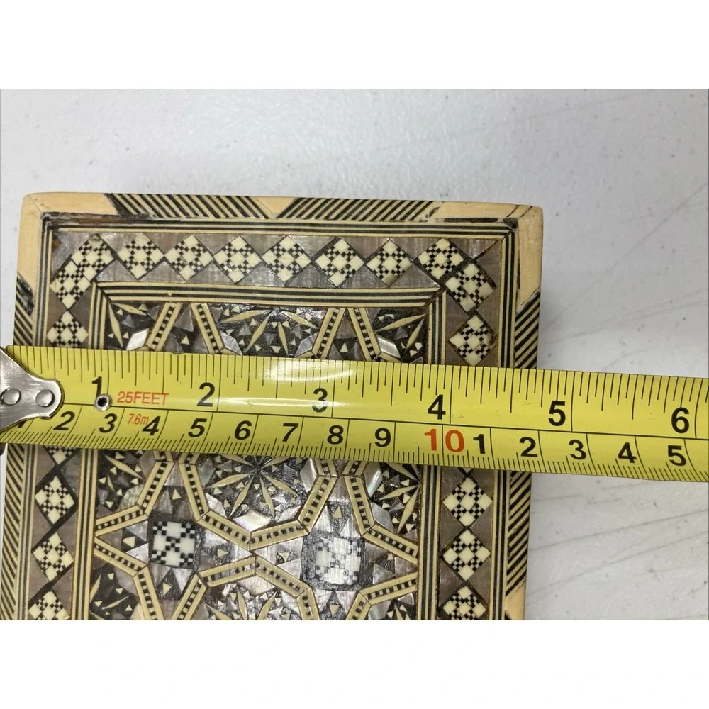 Vtg Inlaid Wood and Mother Of Pearl Wood Jewelry Israel Trinket Box 7.75 x 4.85